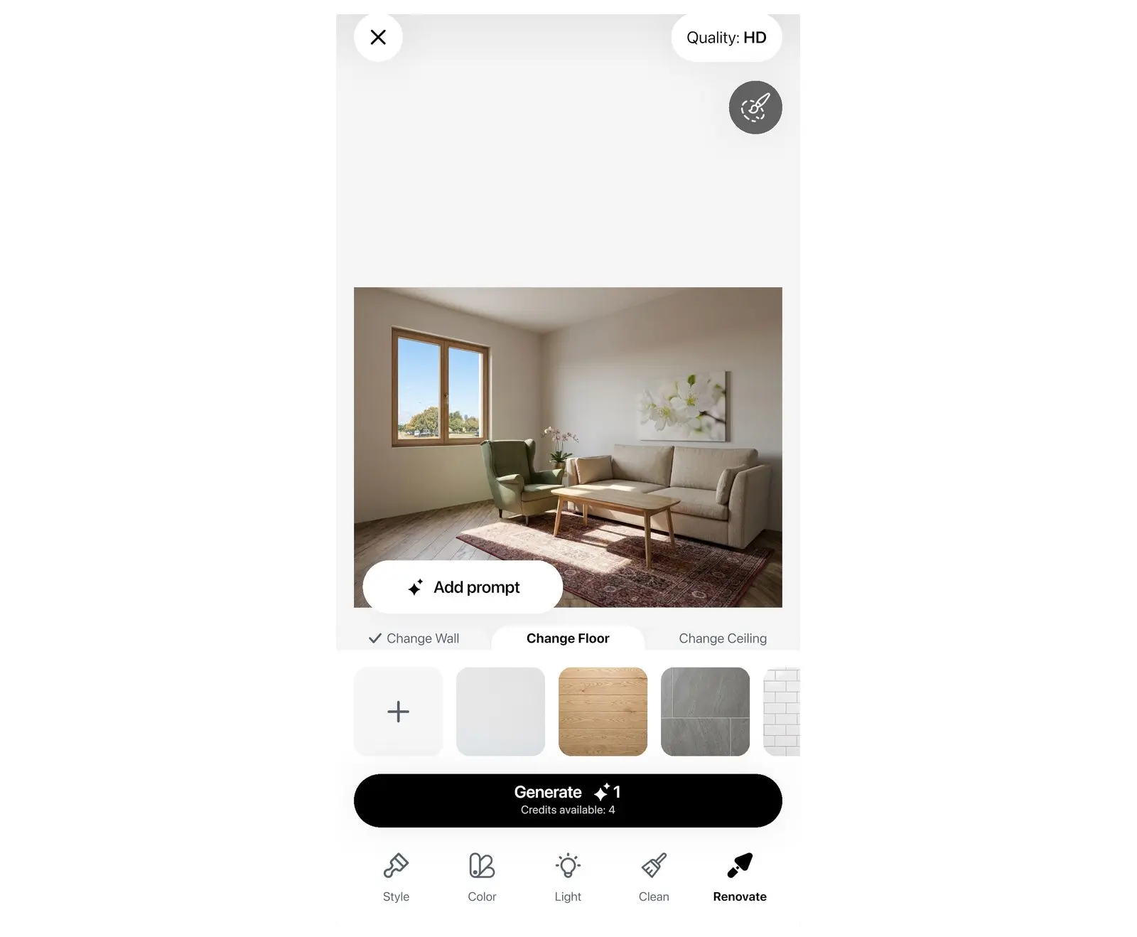 Herramienta Renovación en Rediseño IA de Home Planner con la pestaña Cambiar piso y casillas de materiales de piso