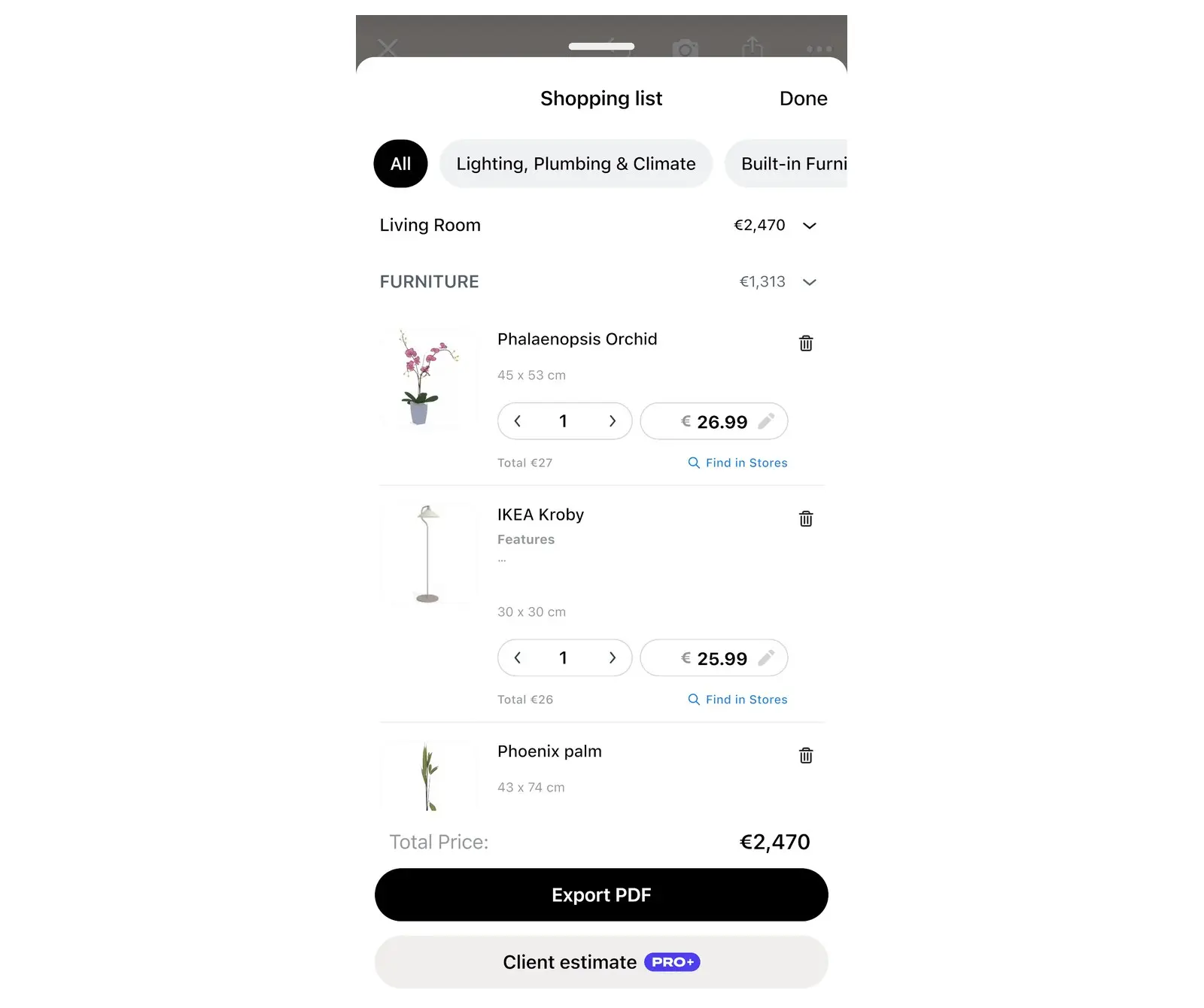 The shopping list of a living room with items, prices and the total
