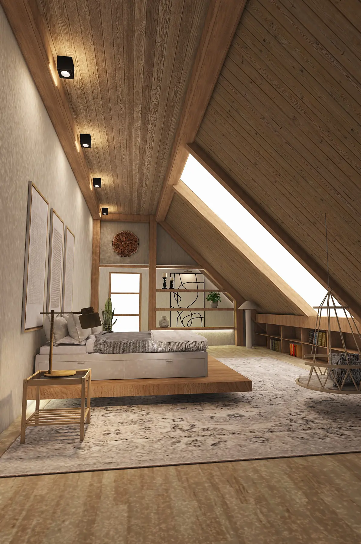 Dormitorio abuhardillado con techo revestido de madera, ventana de techo alargada y estanterías bajas