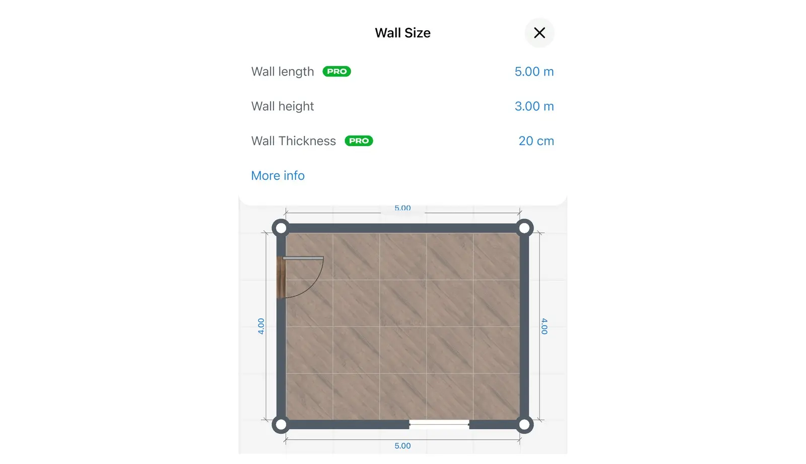 Wall Size panel in Home Planner with the Wall length, Wall height and Wall Thickness fields