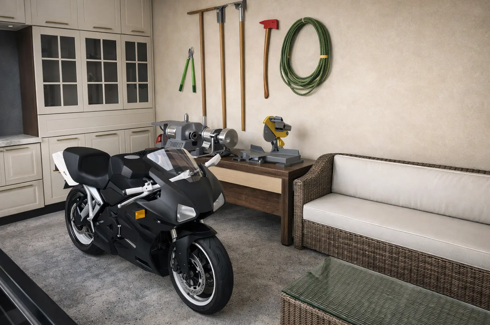 Garagenecke mit einem schwarzen Motorrad, Elektrowerkzeugen auf einem Arbeitstisch und einem Polyrattan-Sofa