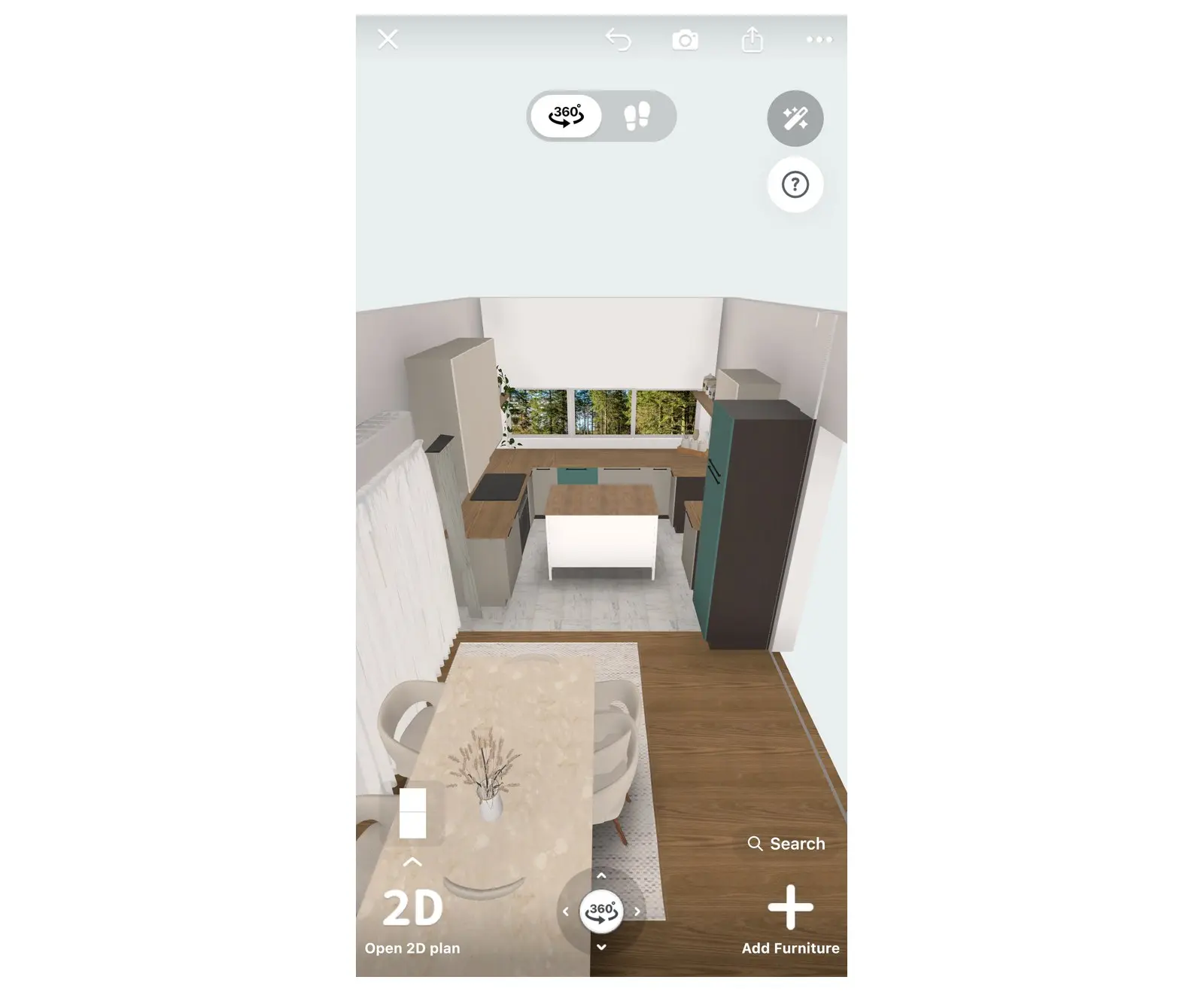 Finished kitchen layout with an island in the Home Planner 3D view