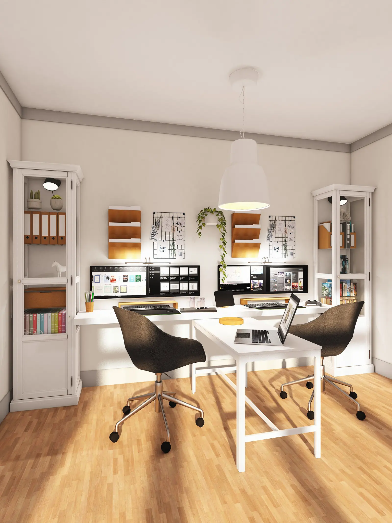 A bright office render with two desks and shelving
