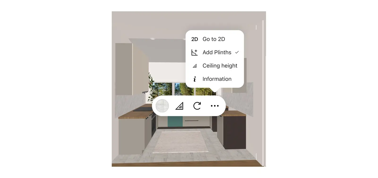 Three-dot menu of the selected kitchen floor in Home Planner 3D, with the Ceiling height item
