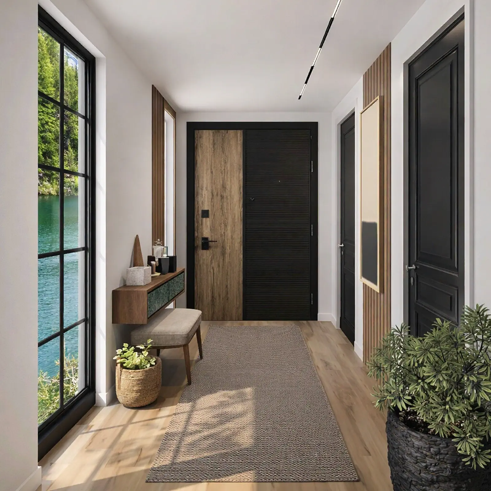 Vestíbulo de entrada con puerta principal de madera y negro, una repisa flotante, un banco y un tapete alargado
