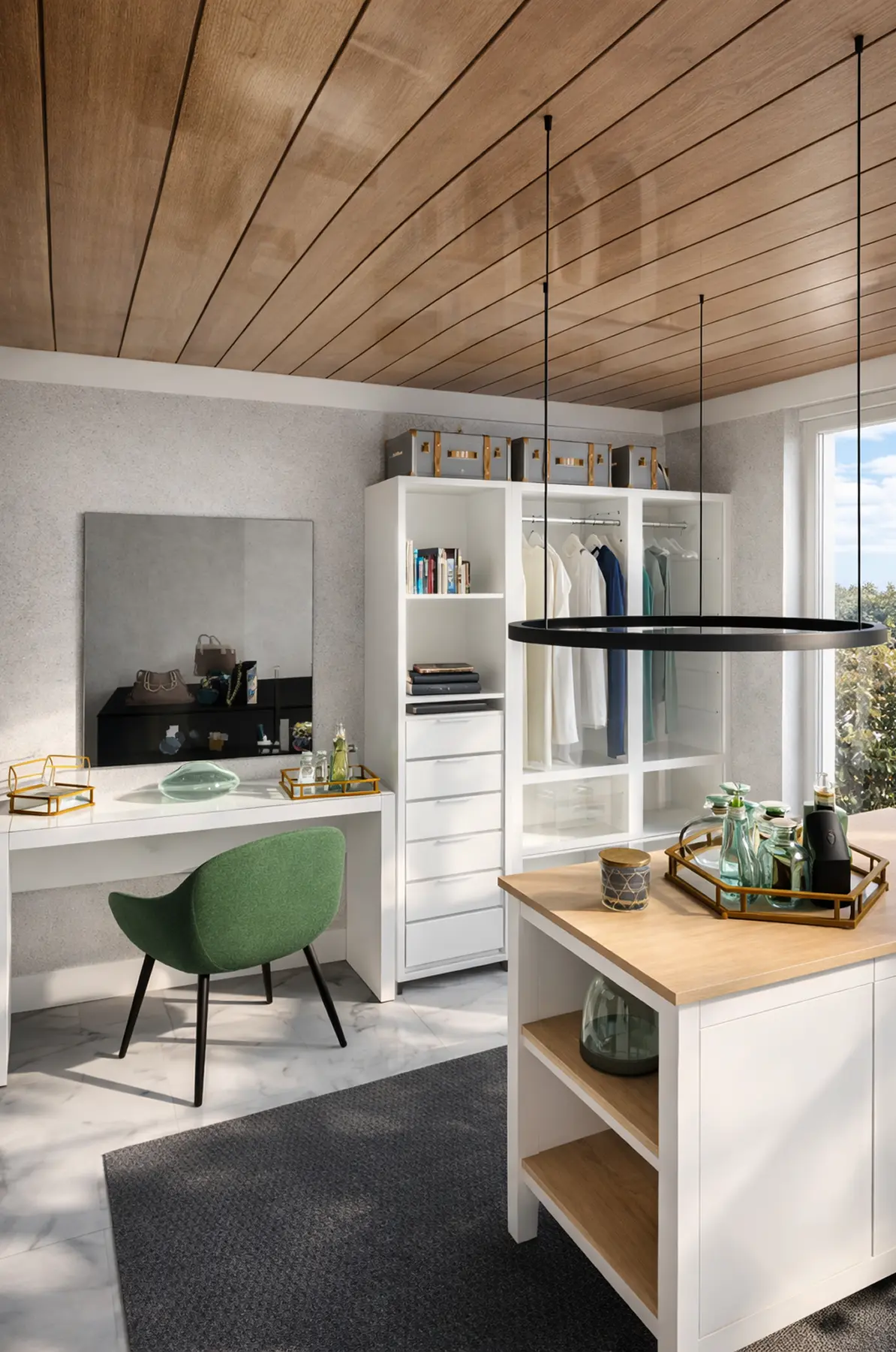 Modulo armadio bianco con cassetti e ripiani, una scrivania con specchio e una sedia verde