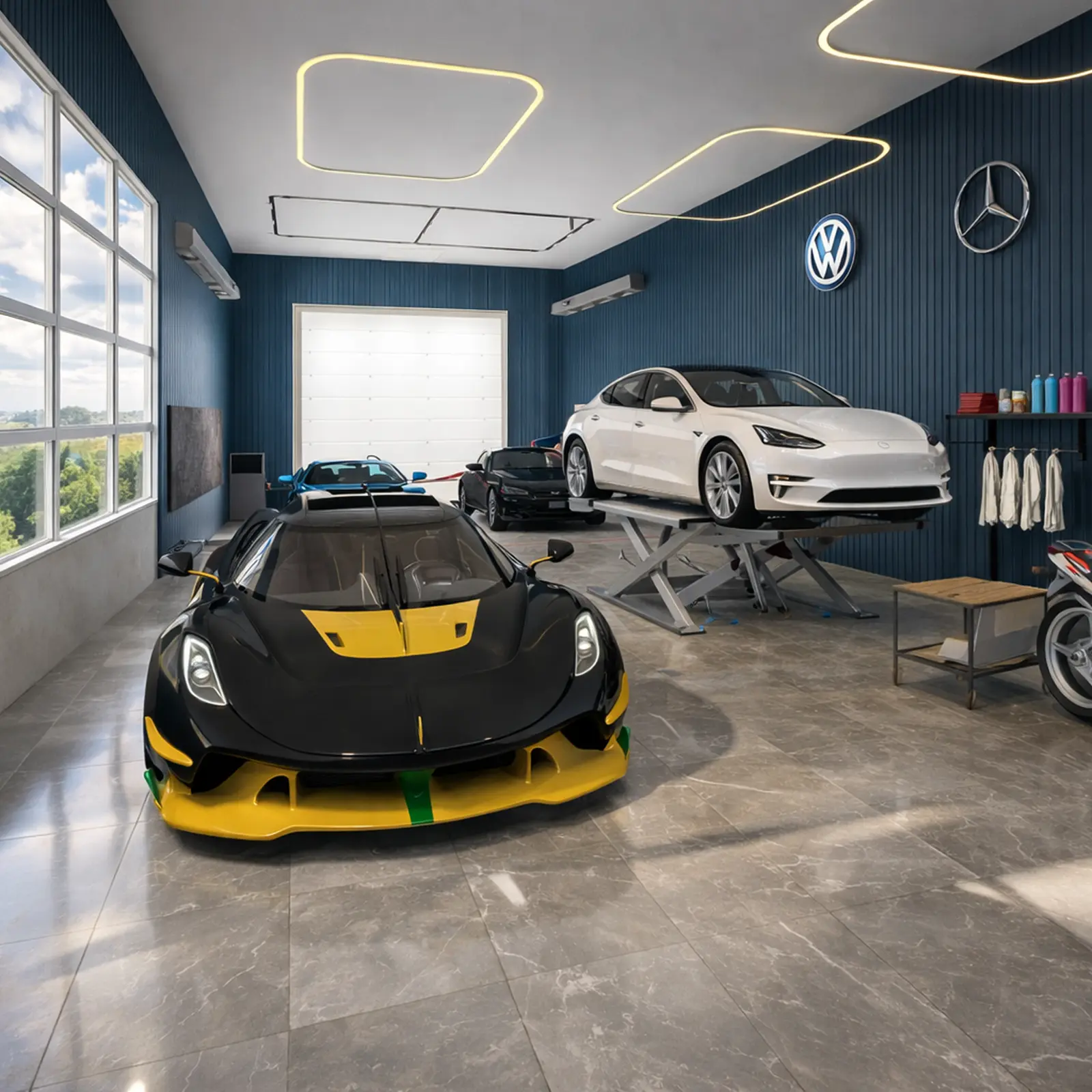 Blaue Garage mit einem schwarz-gelben Sportwagen und einem weißen Auto auf einer Scherenhebebühne