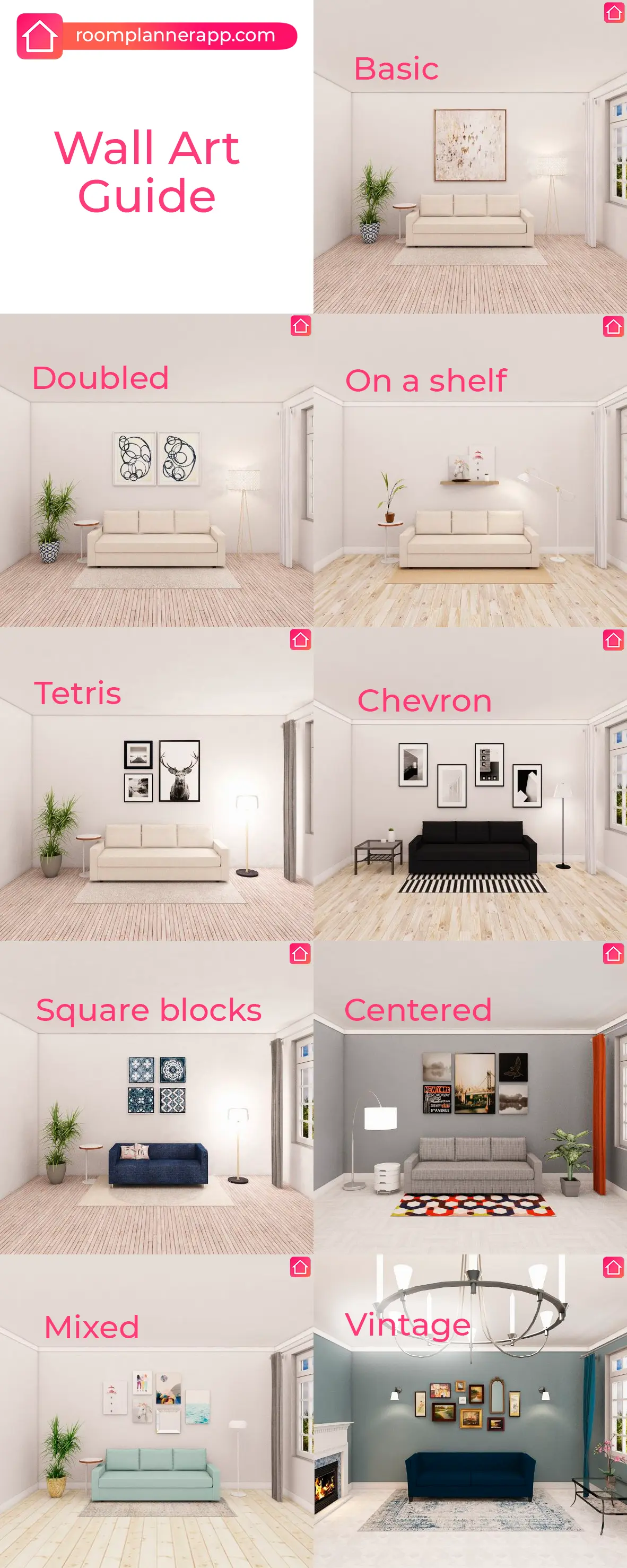 Wall art guide with nine gallery layouts such as doubled, chevron, centered and vintage