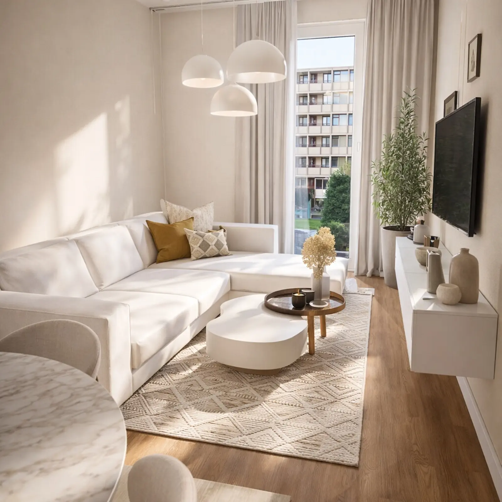 Kleines, helles Wohnzimmer mit weißem Ecksofa, runden Couchtischen und TV-Möbel