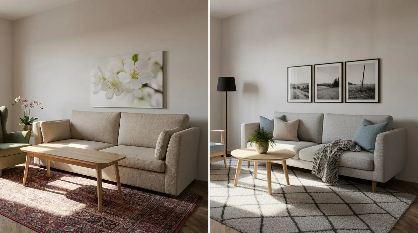 Sala de estar antes y después de aplicar Rediseño IA en Home Planner: mantiene las mismas paredes con mobiliario y decoración totalmente nuevos