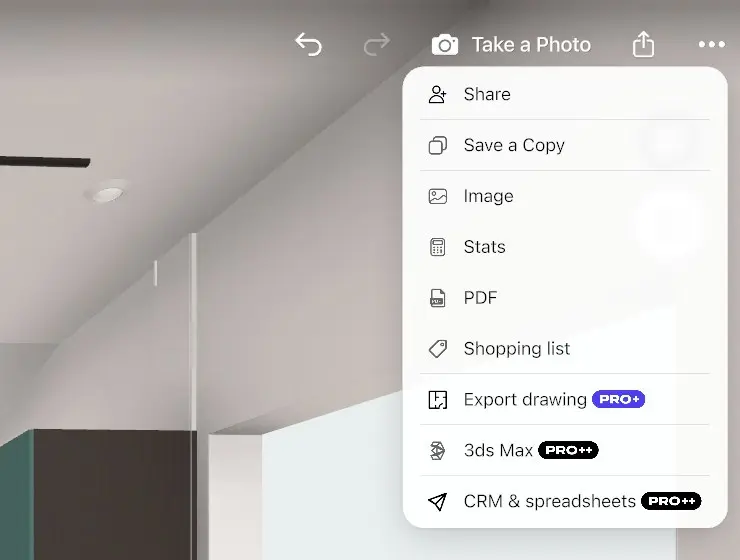 Menu d'exportation de Home Planner sur ordinateur montrant la ligne PDF à côté de Statistiques, Liste d'achats et Exporter le dessin