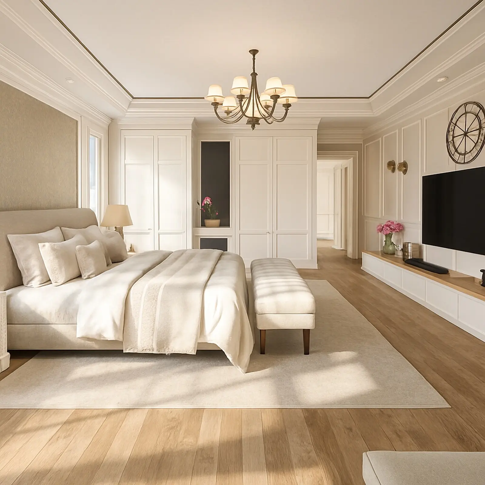 Camera da letto classica color crema con armadi a muro, panca imbottita e lampadario in ottone