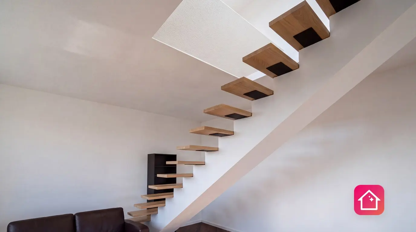 معالجة بالذكاء الاصطناعي لدرج خشبي معلق مصمم في Home Planner، يصعد بمحاذاة حائط أبيض من غرفة المعيشة إلى فتحة في السقف.