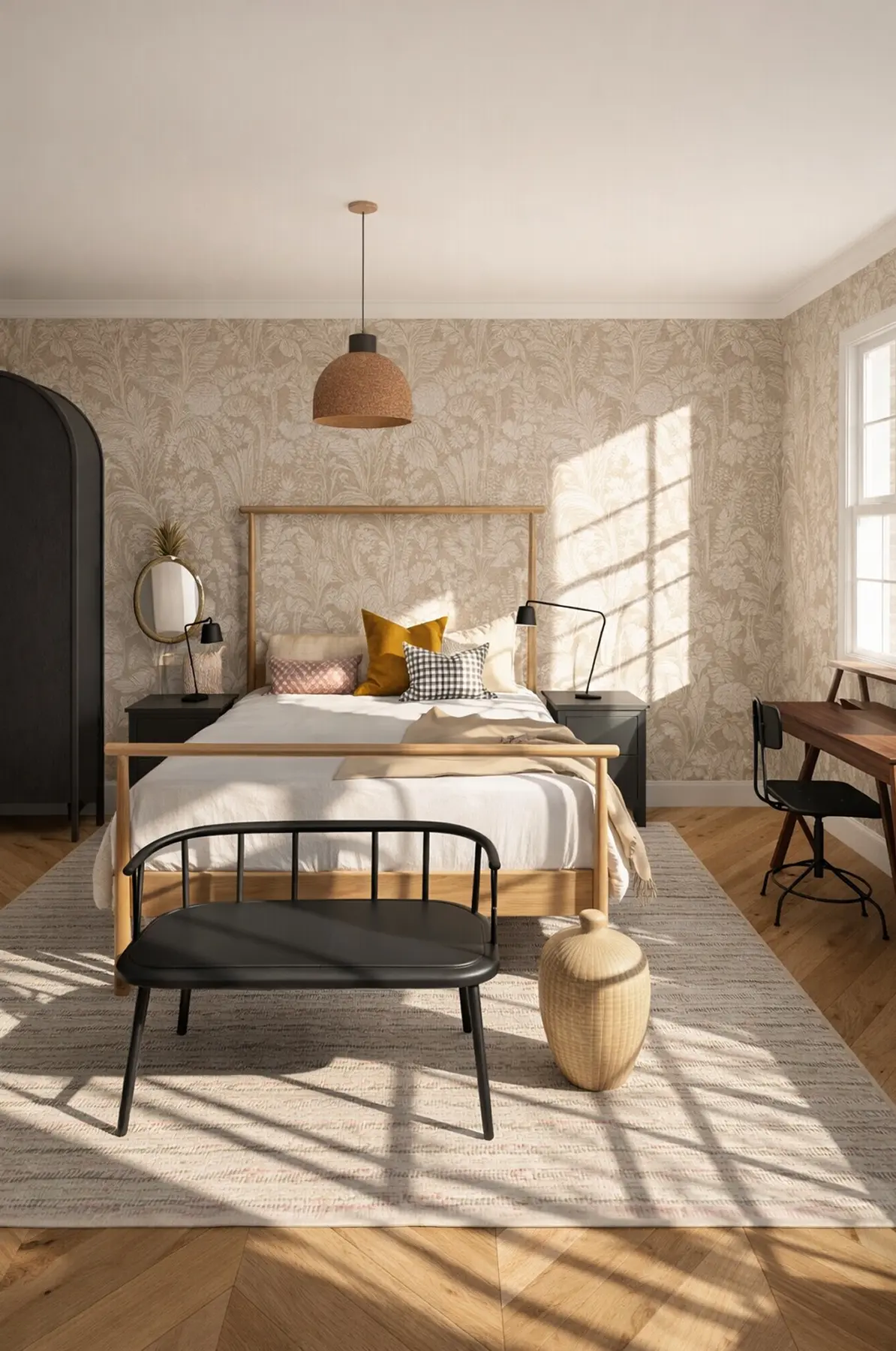 Camera da letto luminosa con carta da parati botanica, letto in legno, panca nera e piccola scrivania