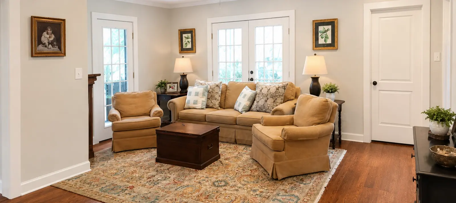 A living room after AI Home Staging: clutter cleared, room freshened (AI-generated image)