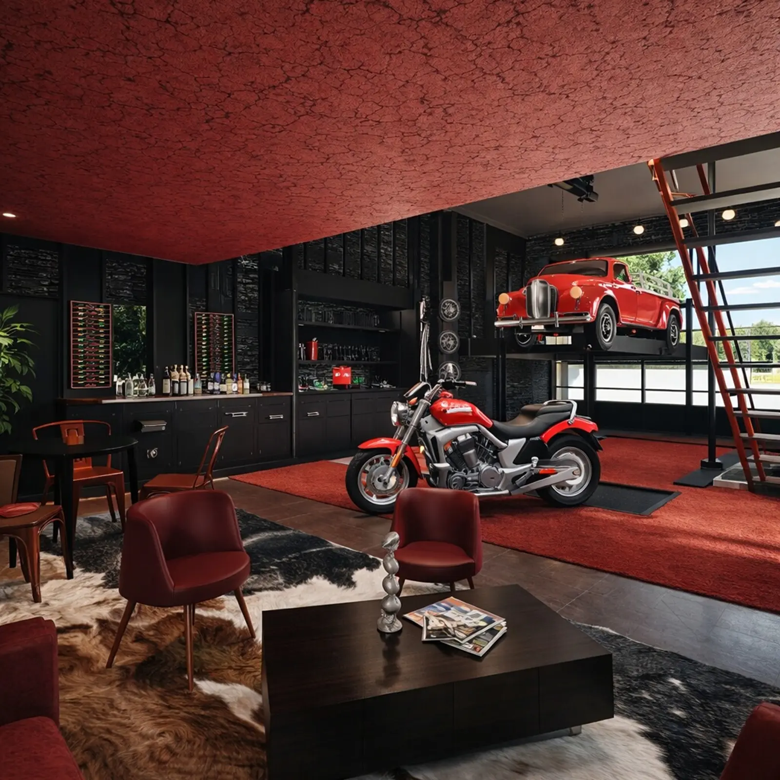 Garagen-Lounge mit einer Bar, roten Stühlen, einem roten Motorrad und einem Oldtimer auf einer Hebebühne