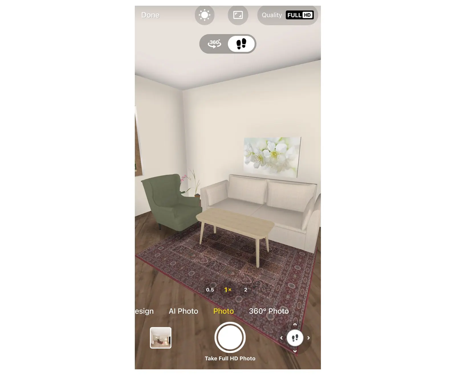 Home Planner render mode on a phone with Photo selected among AI Photo and 360° Photo, and the Take Full HD Photo button