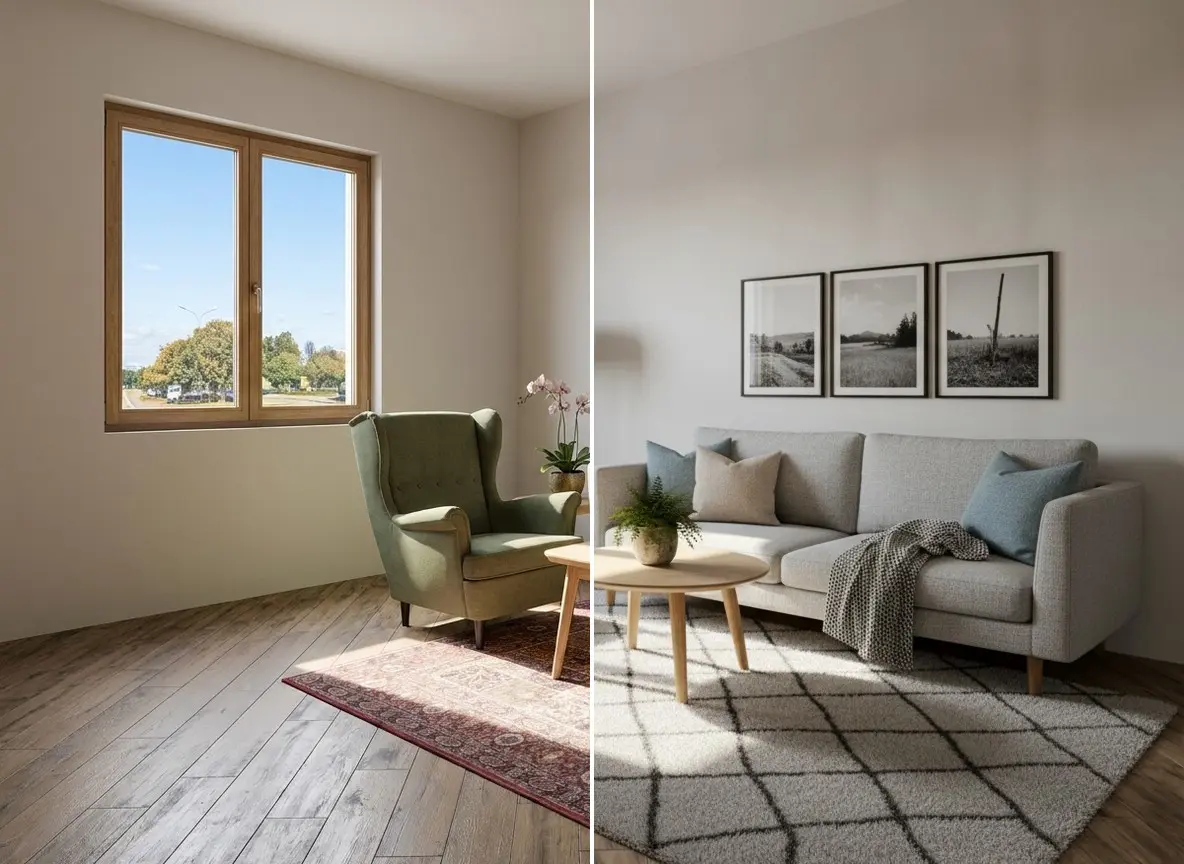 La misma sala de estar antes y después de aplicar Rediseño IA con el estilo escandinavo