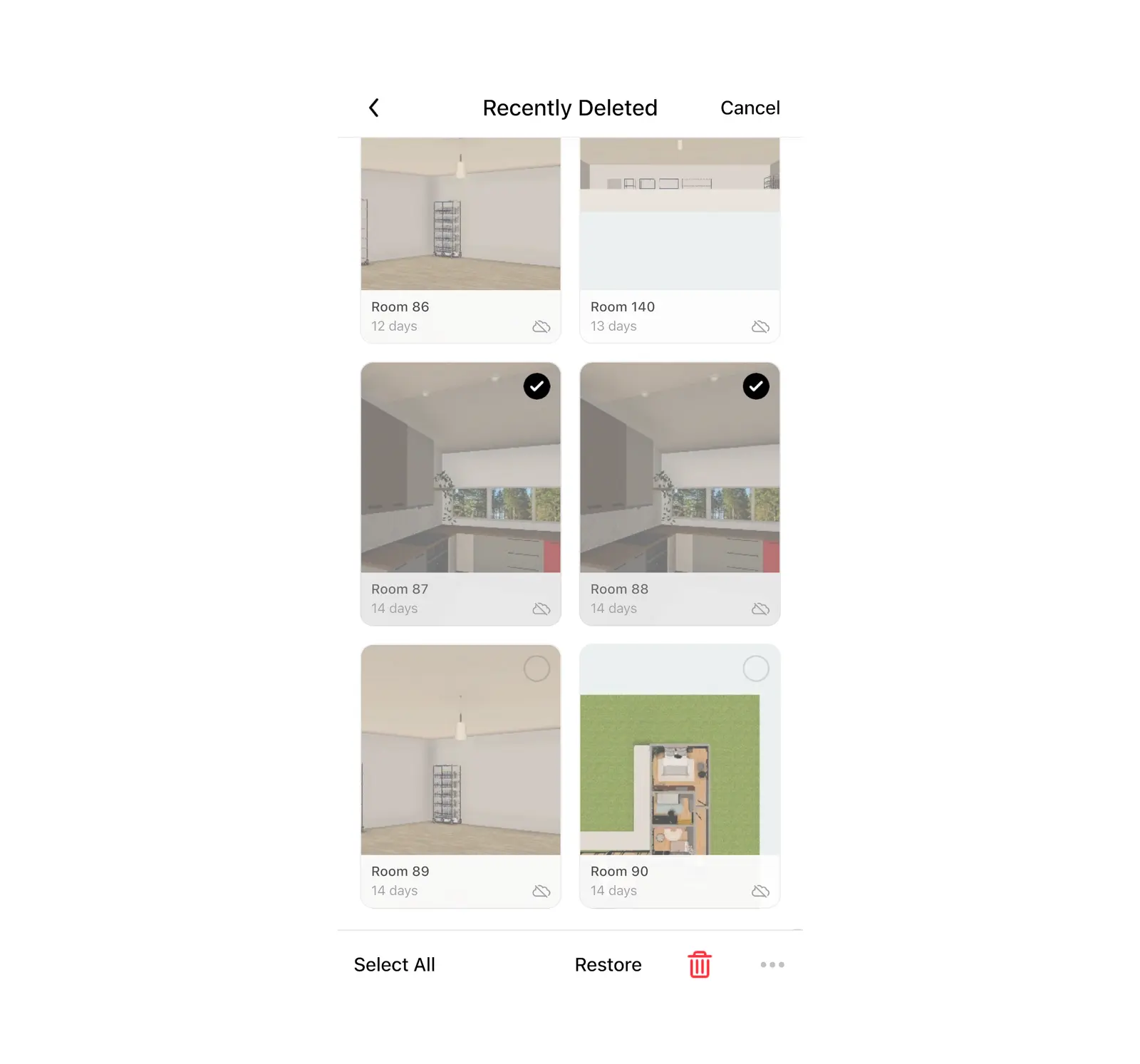 Recently deleted in Home Planner with two designs selected and the Restore button