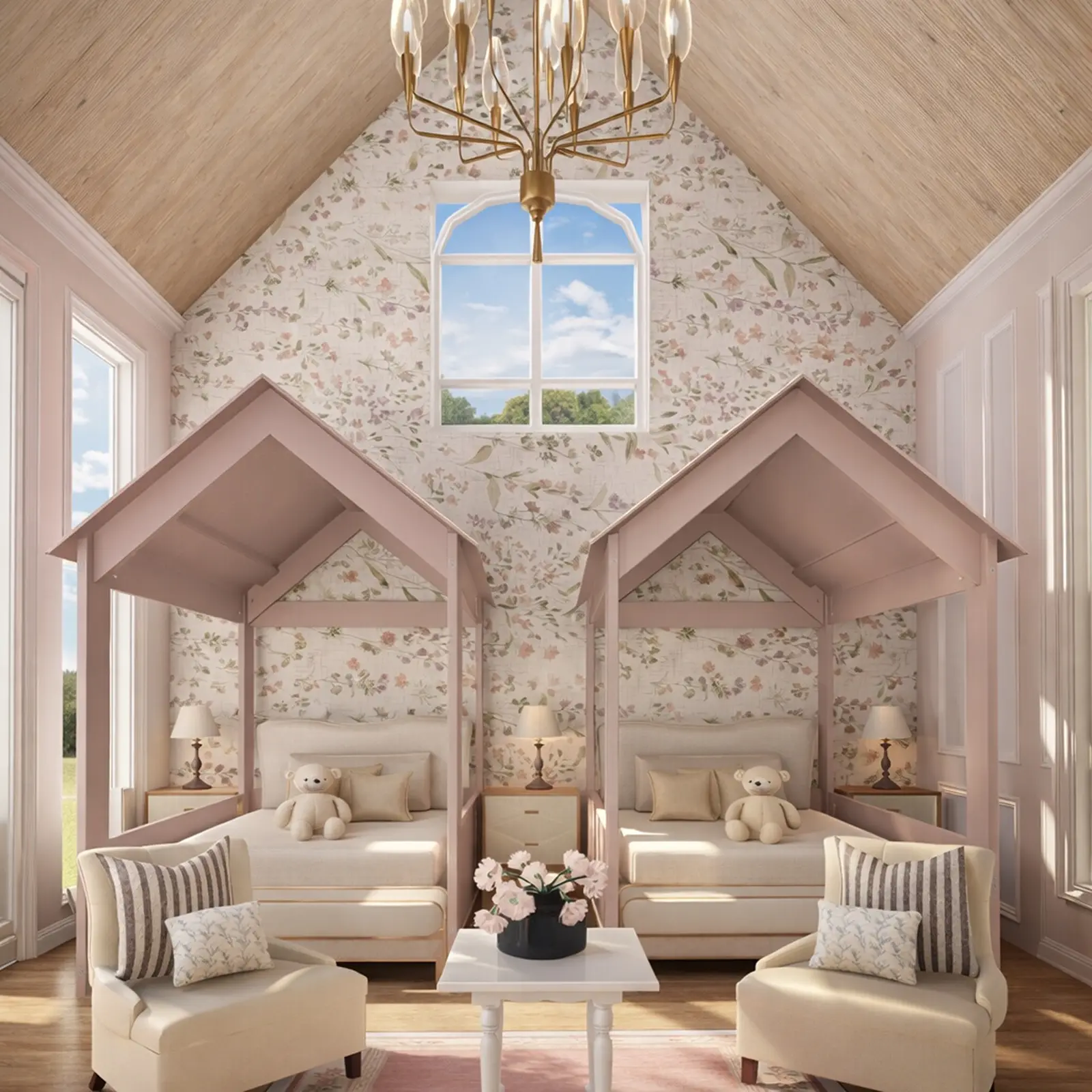 Habitación infantil en el ático con dos camas con estructura en forma de casa, papel tapiz floral y ventana en el piñón