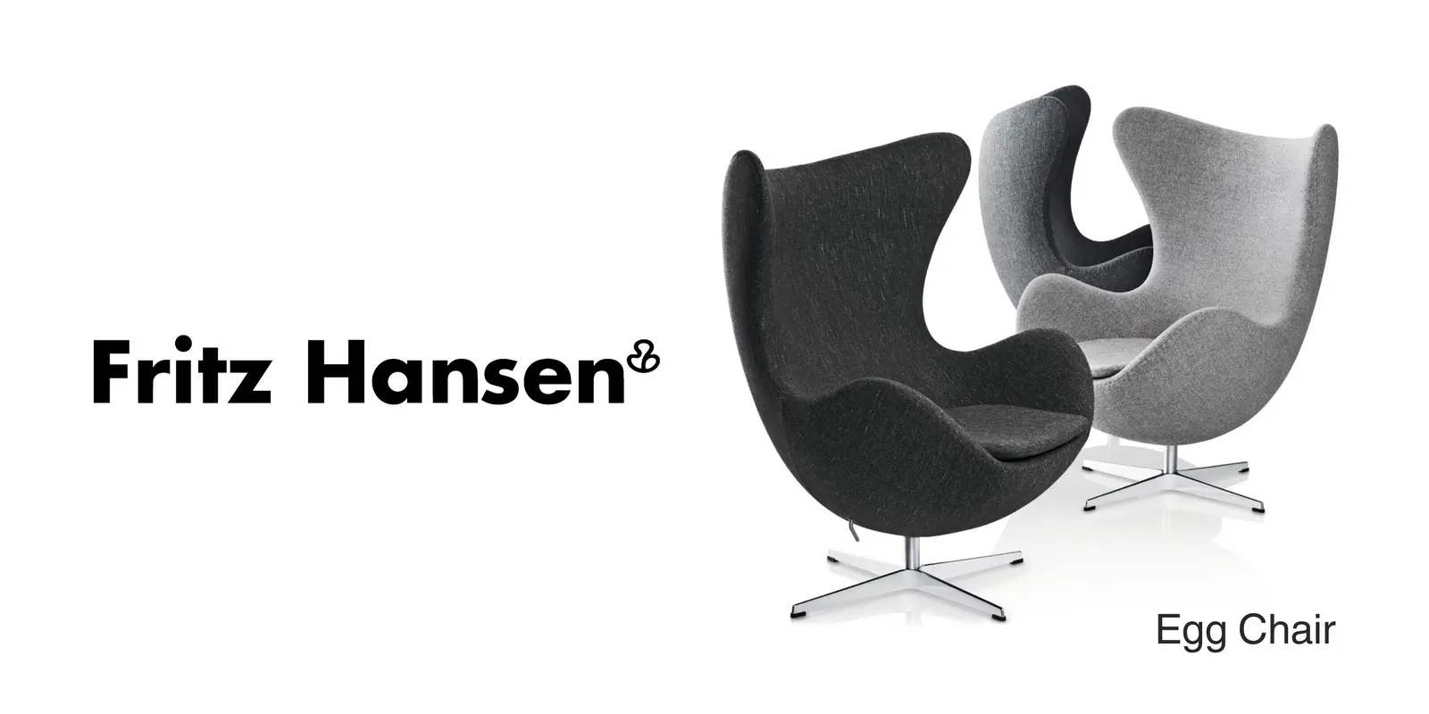 Logotipo de Fritz Hansen junto a dos sillas Egg en color negro y gris