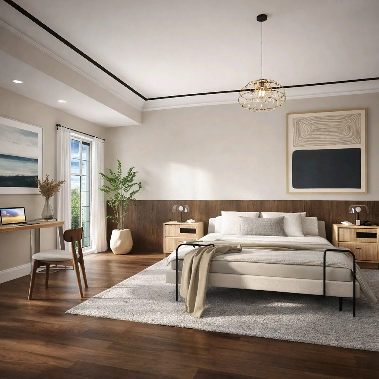 Camera da letto luminosa con parete rivestita in legno, comodini in rovere, tappeto grigio e scrivania