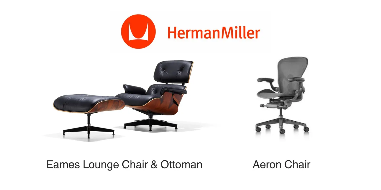 Logotipo de Herman Miller sobre la Eames Lounge Chair con ottoman y la silla Aeron