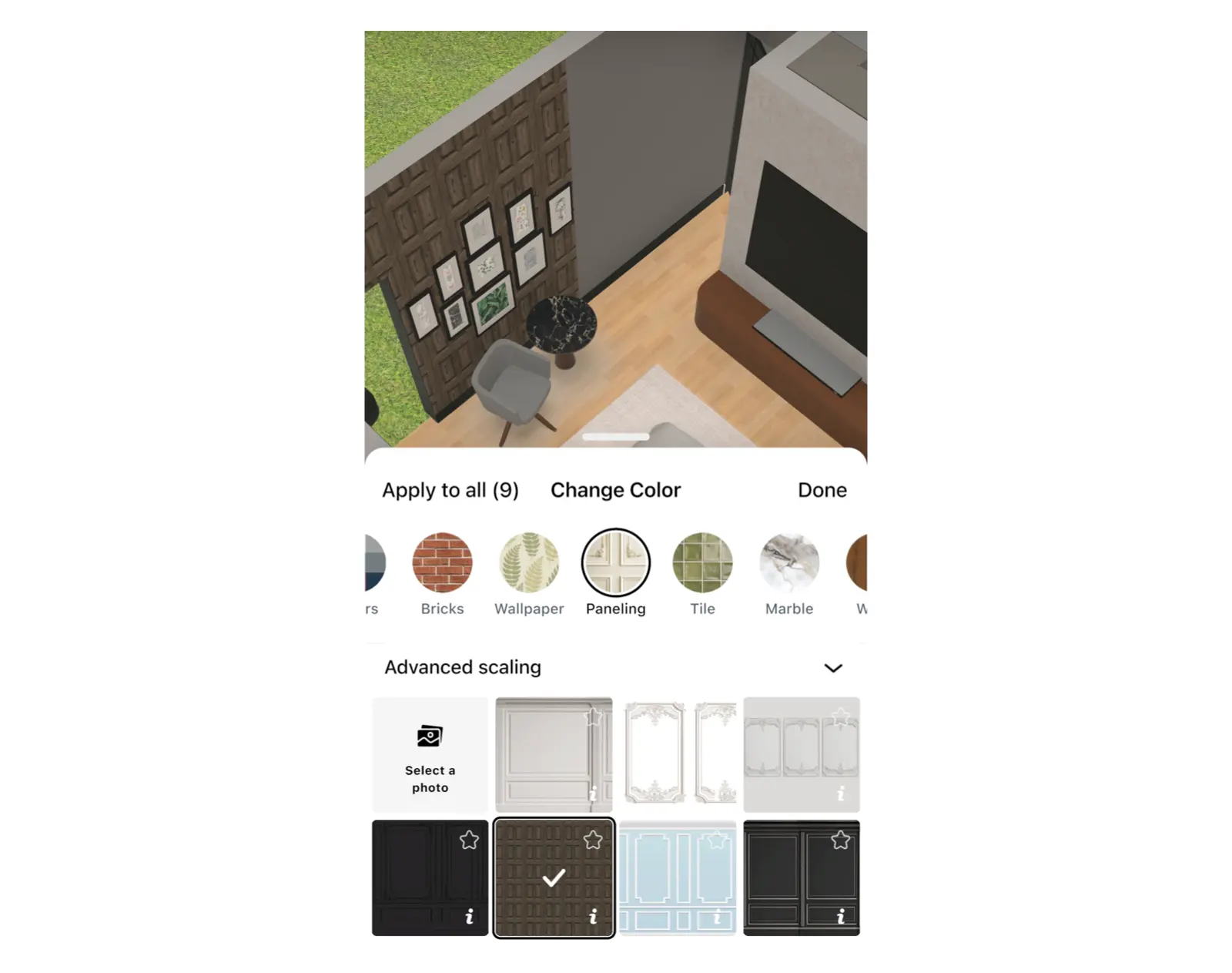 Wood panels on one wall in Home Planner with the Paneling tab open
