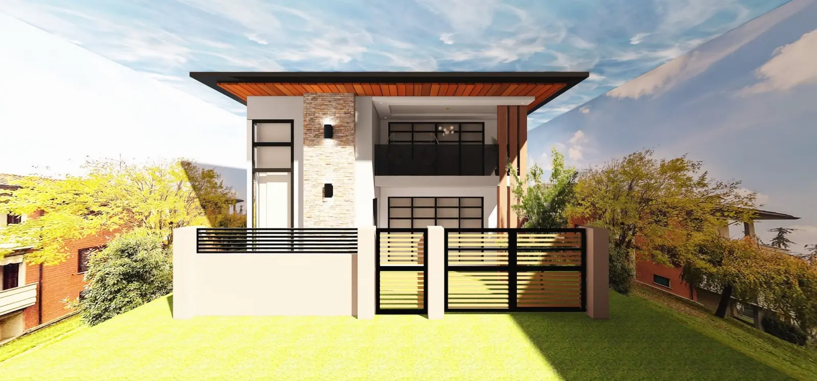 A modern house front with a gate and a lawn, rendered in Home Planner