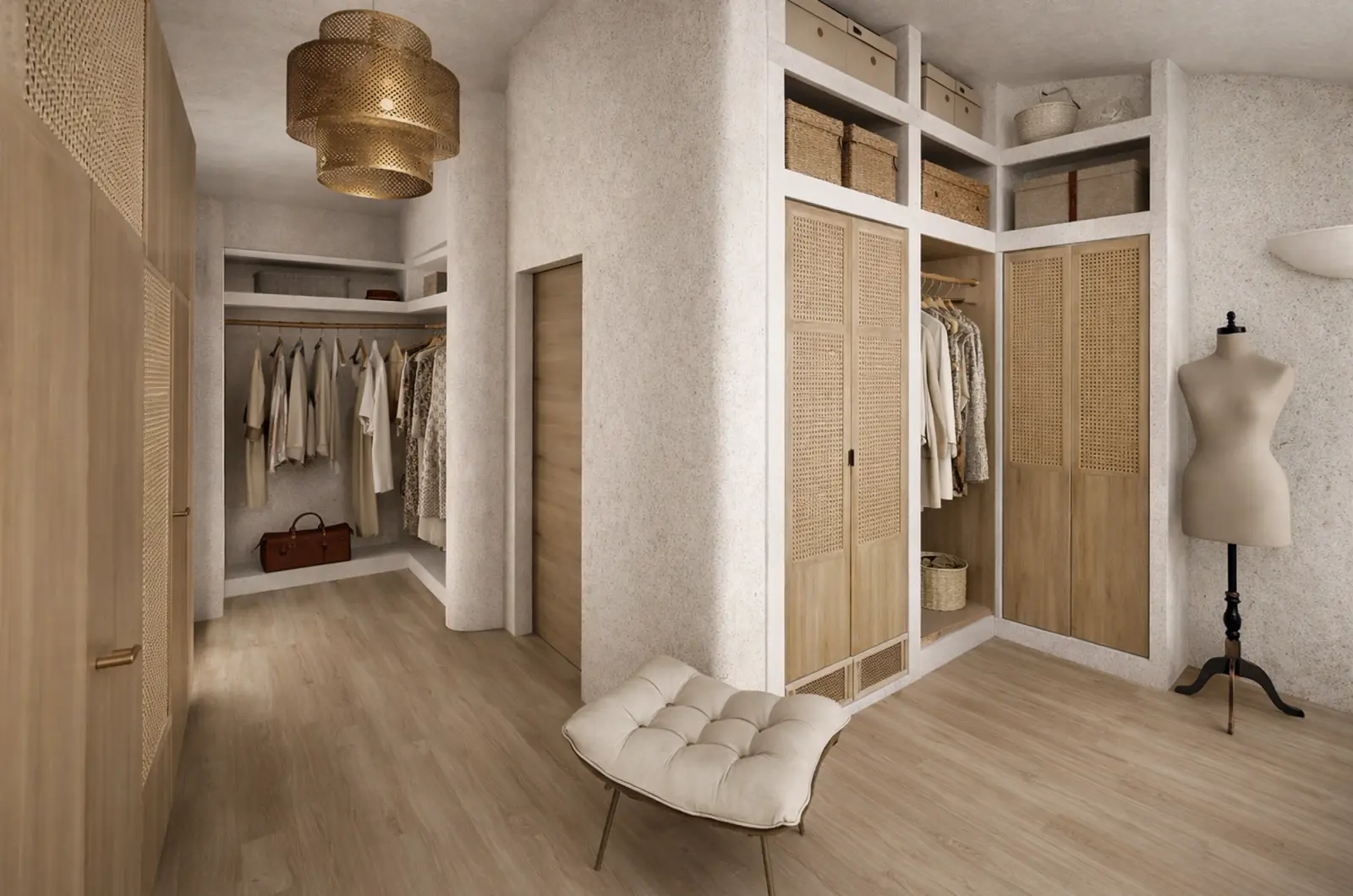 Spogliatoio con armadi con ante in rattan, vano appendiabiti a vista e un manichino sartoriale
