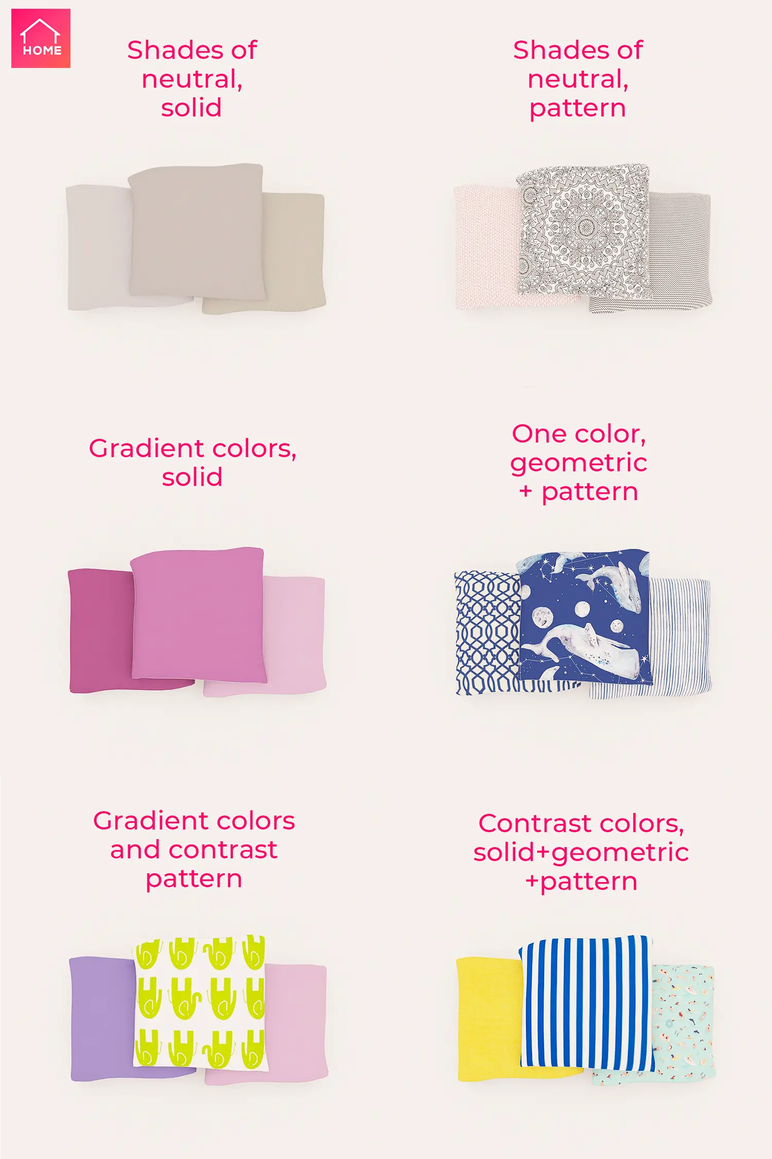 Six throw pillow sets mixing neutral, gradient and contrast colours with patterns