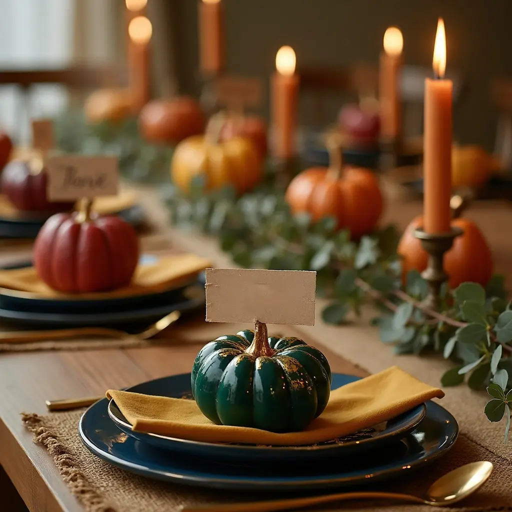Thanksgiving table with an emerald mini pumpkin place card, mustard napkin and orange candles