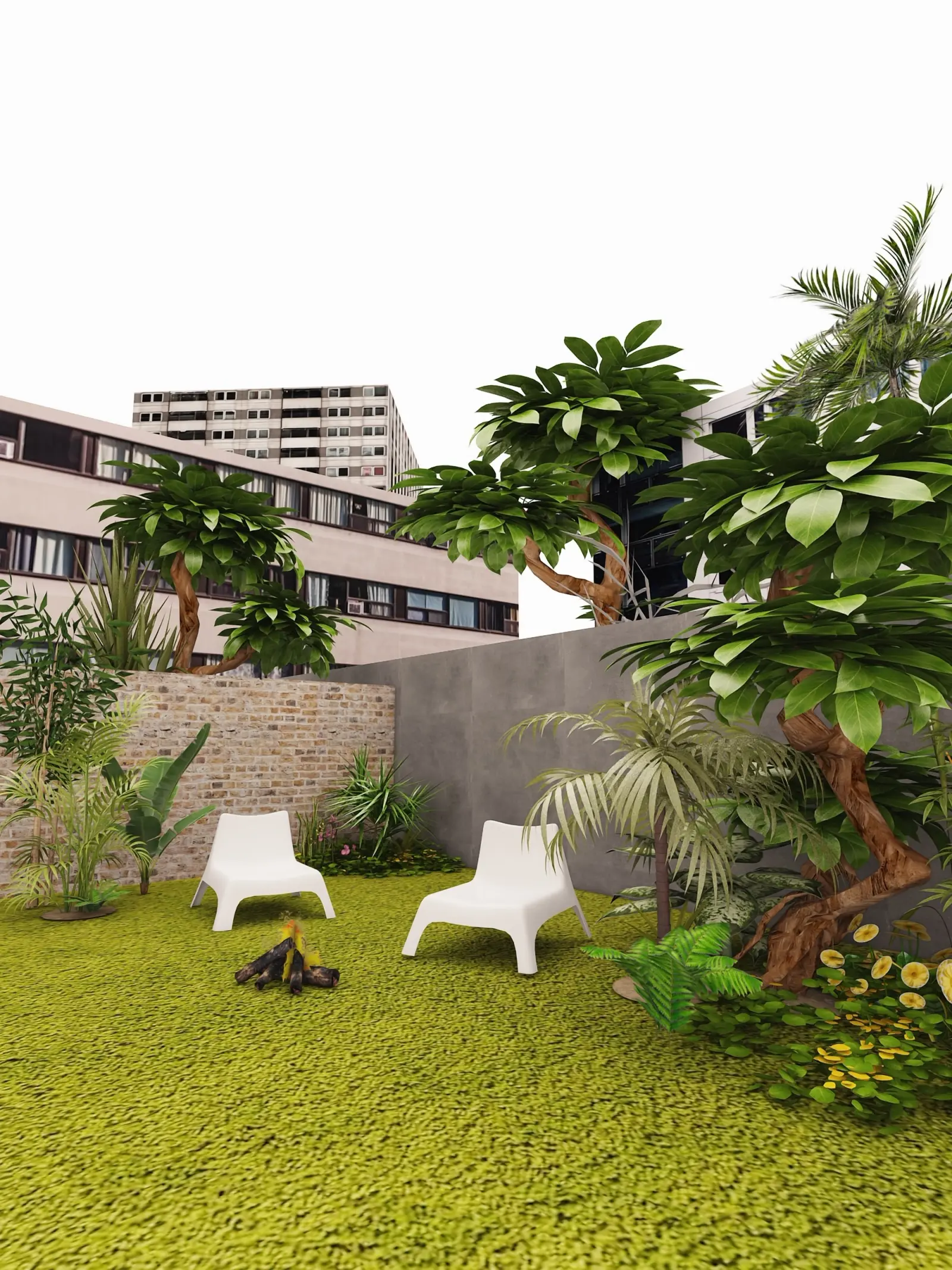 A 3D garden with palms, bushes and flowers behind a brick wall