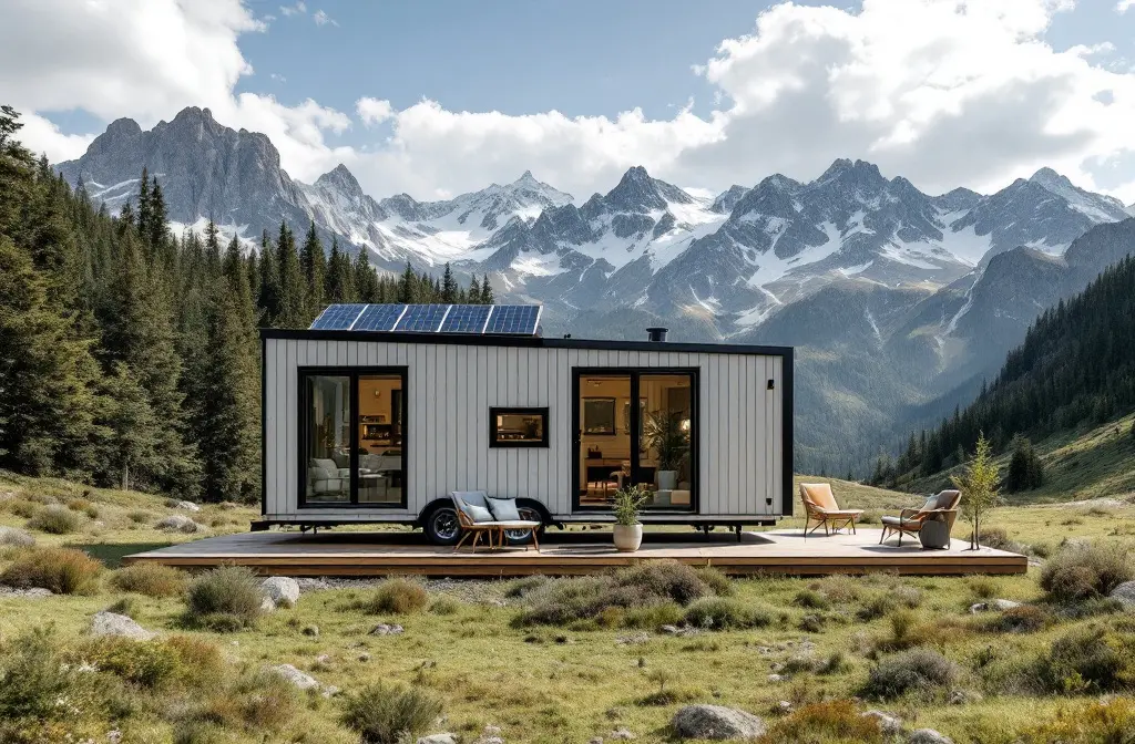 Modern tiny house with solar panels on a deck in a mountain meadow