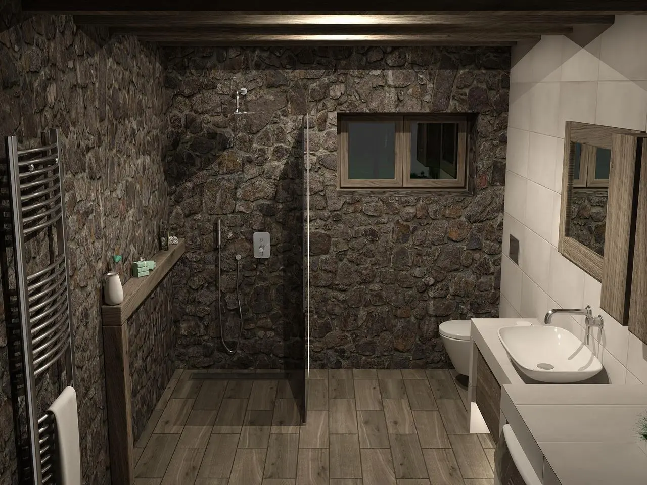 Bathroom with natural stone walls, a walk-in shower and wood-look floor