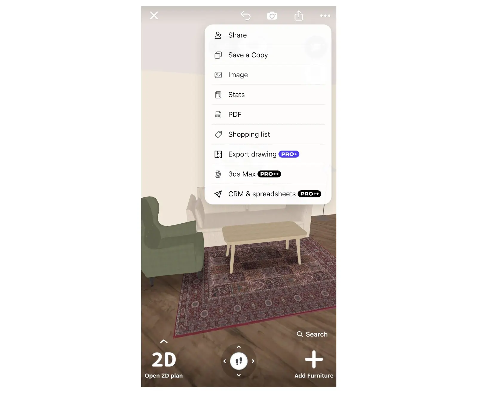 Share menu of a Home Planner design with Share, Save a Copy, Image and PDF