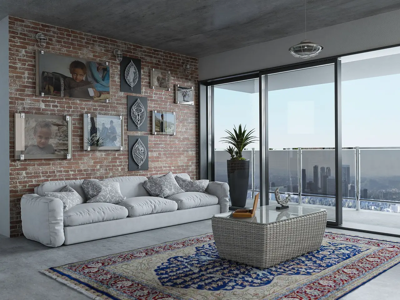 Loft living room with a concrete ceiling, a brick wall and a white sofa