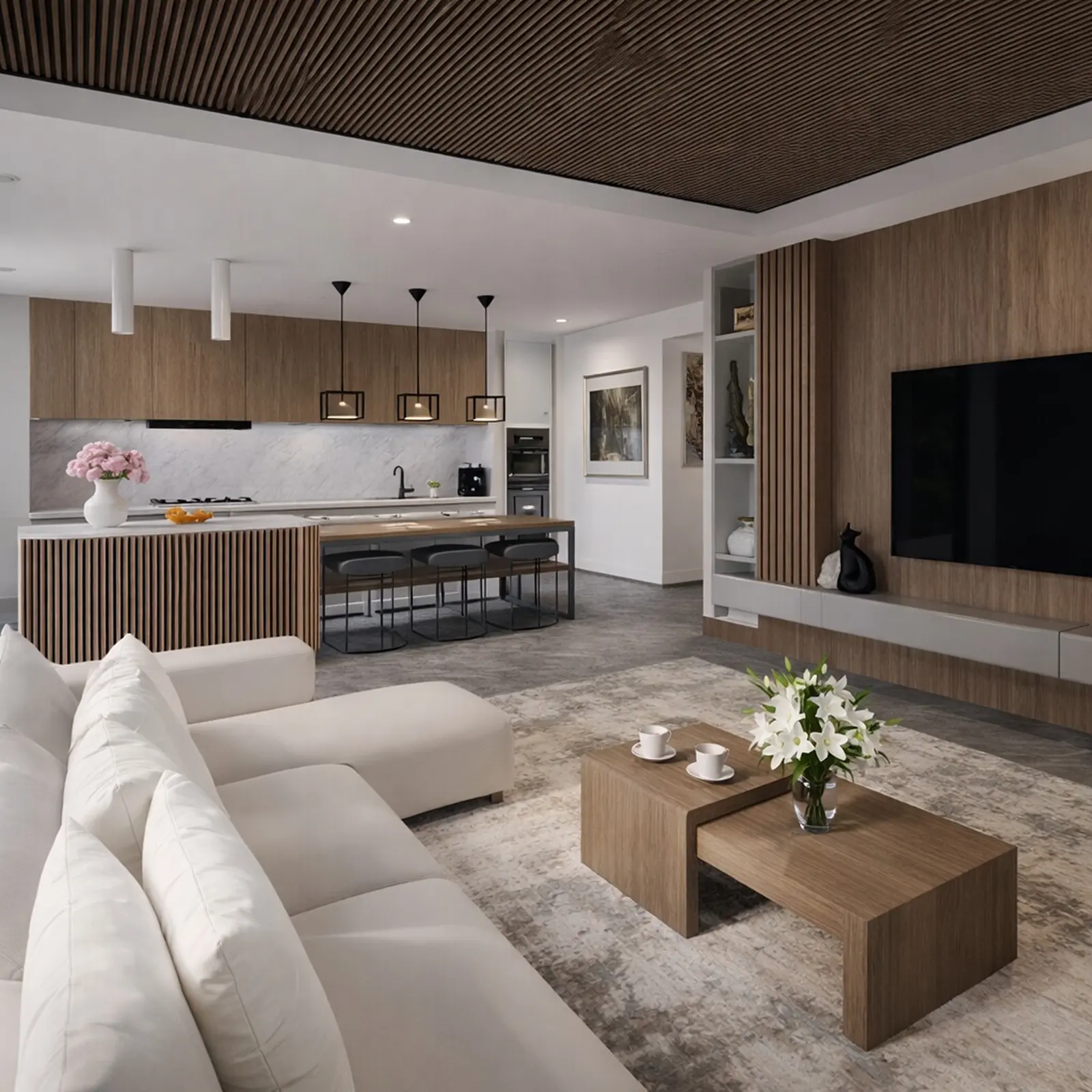 Wohnzimmer mit offenem Plan, weißem Ecksofa, TV-Wand mit Holzlamellen und Satztischen
