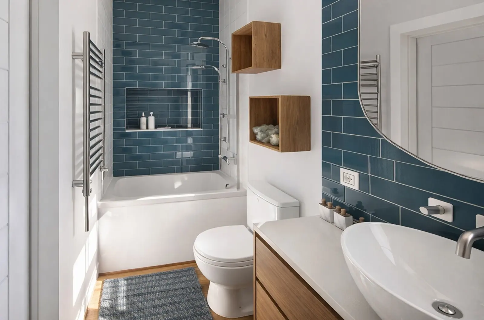Petite salle de bain avec du carrelage métro bleu, un combiné baignoire-douche et un meuble vasque en bois