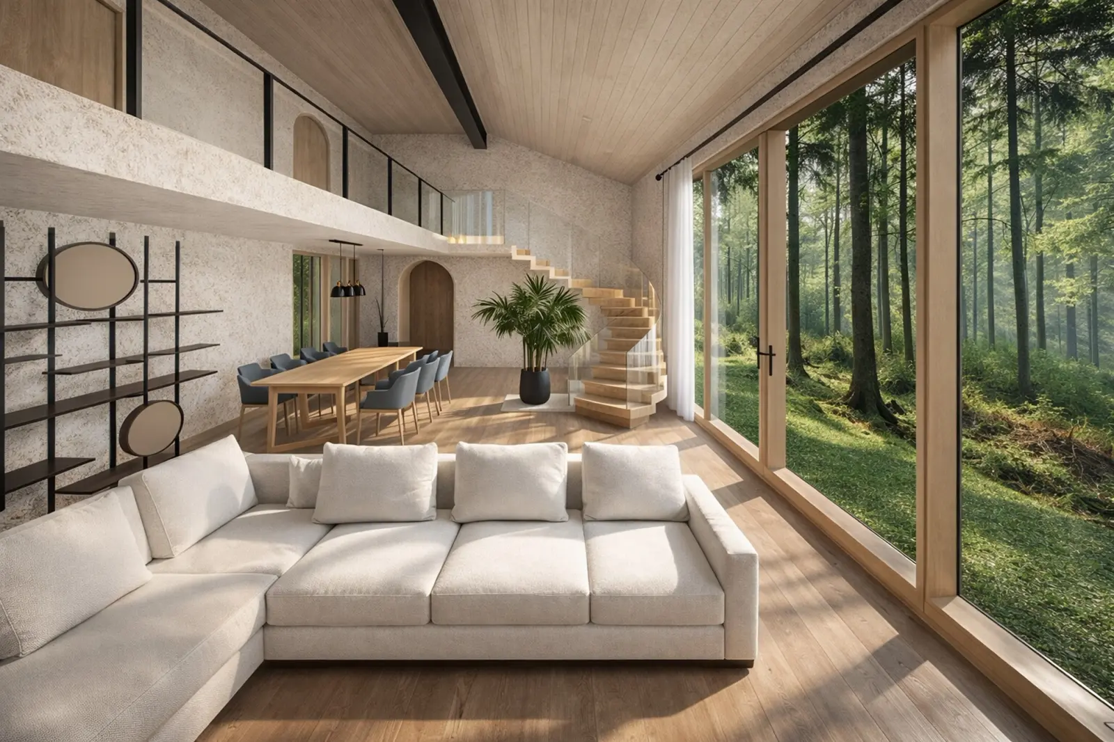 Sala de estar abierta bajo un techo de madera con entrepiso, escalera caracol y vistas al bosque