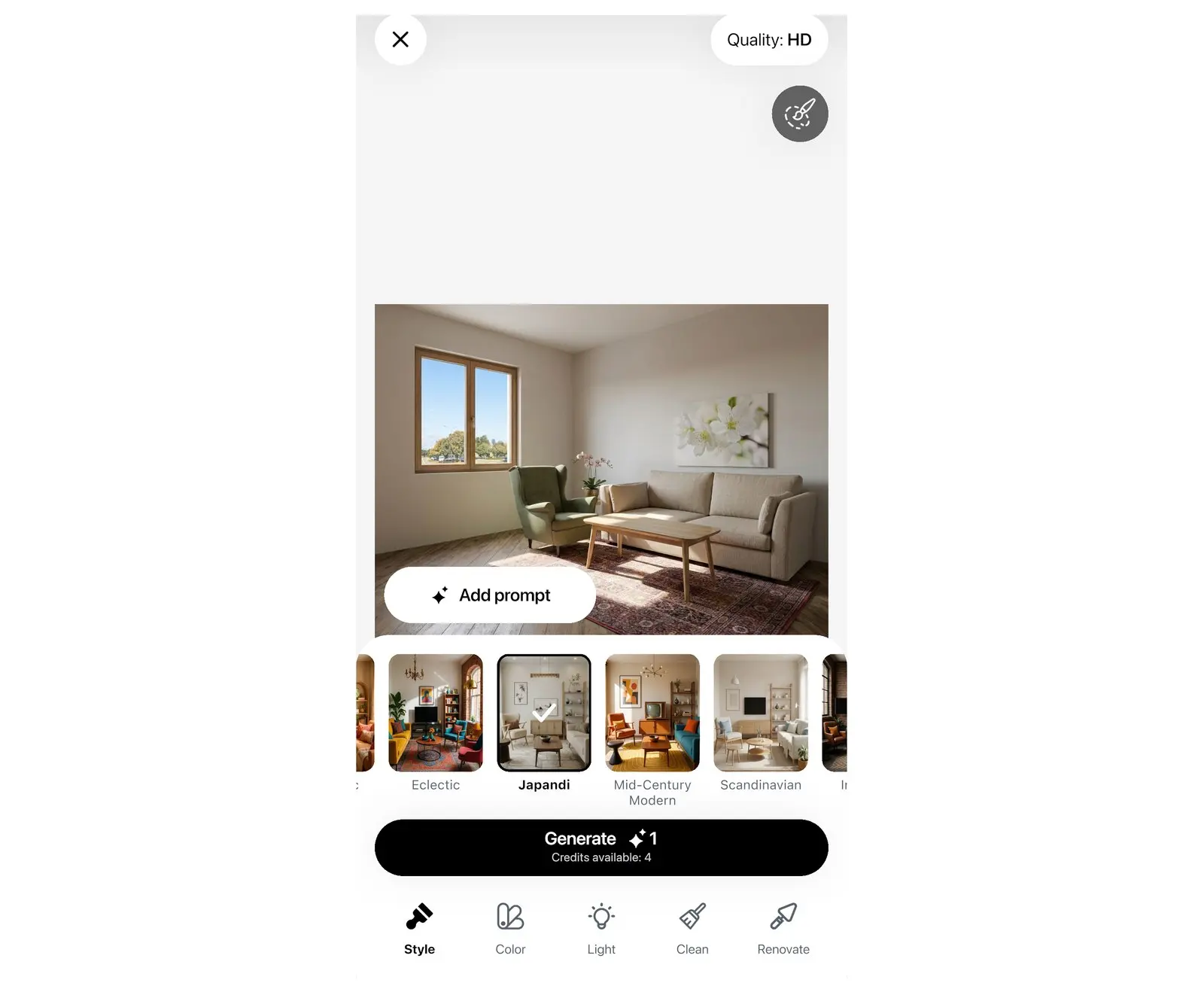 Panel del estilo en Rediseño IA de Home Planner con casillas de estilos de interiorismo, el botón Generar y la etiqueta de Calidad