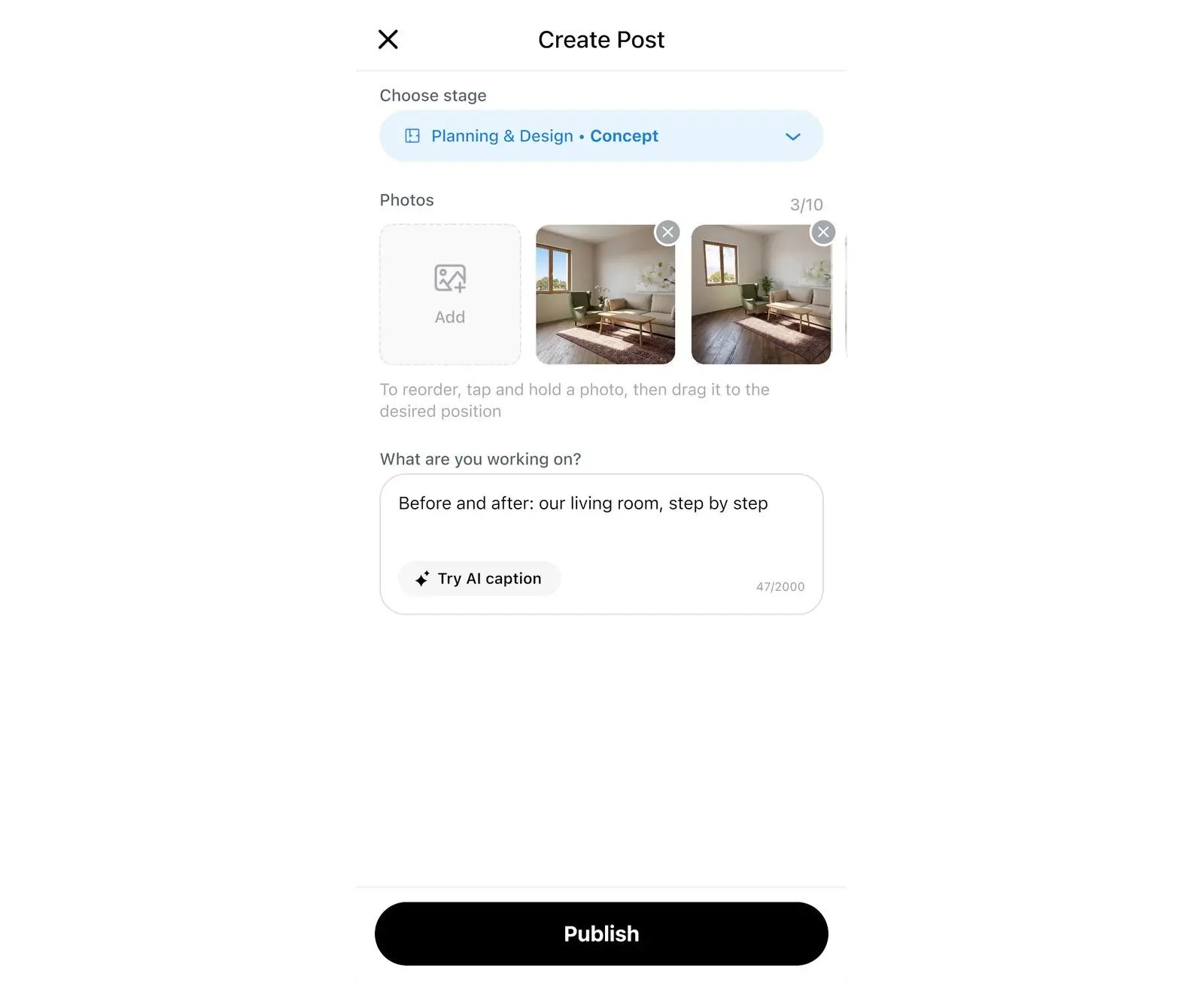 Create Post screen in Home Planner with Choose stage at the top, then Photos and the text field What are you working on?