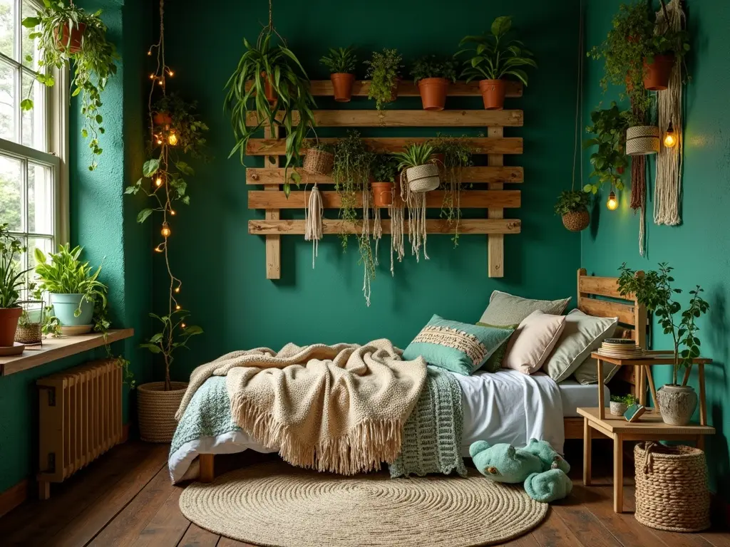 Budget boho teen bedroom with an emerald wall, a pallet plant wall, hanging plants and fairy lights