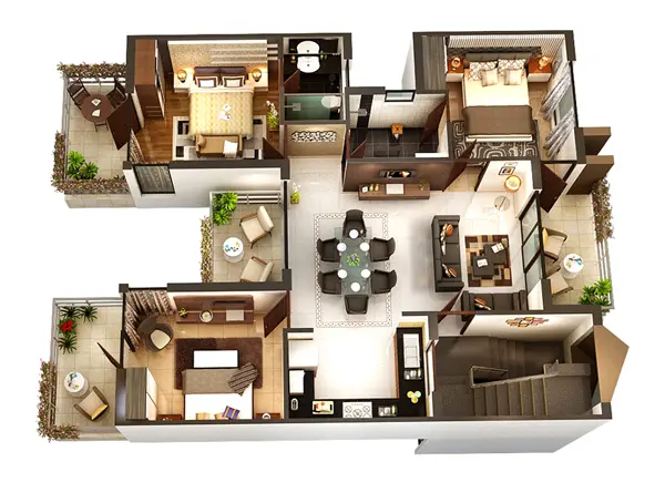 Planta baixa 3D mobiliada de um apartamento com quartos, área de refeições e varandas
