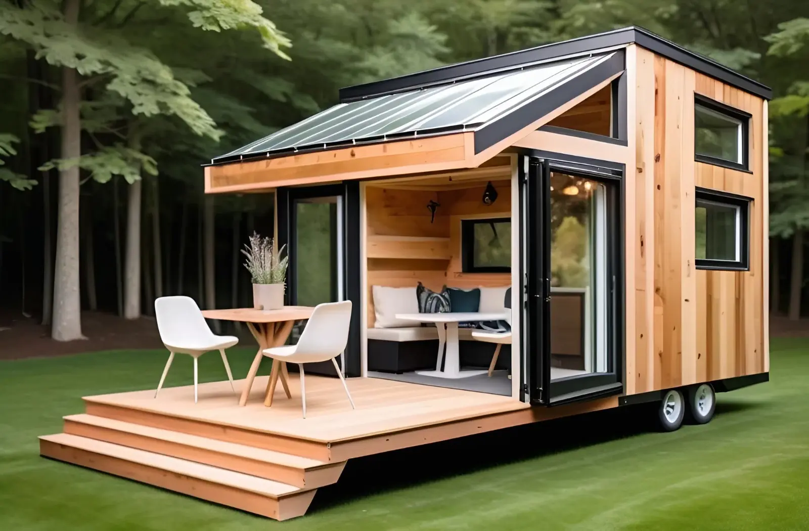 Wooden tiny house on wheels with an open glass door and a small deck