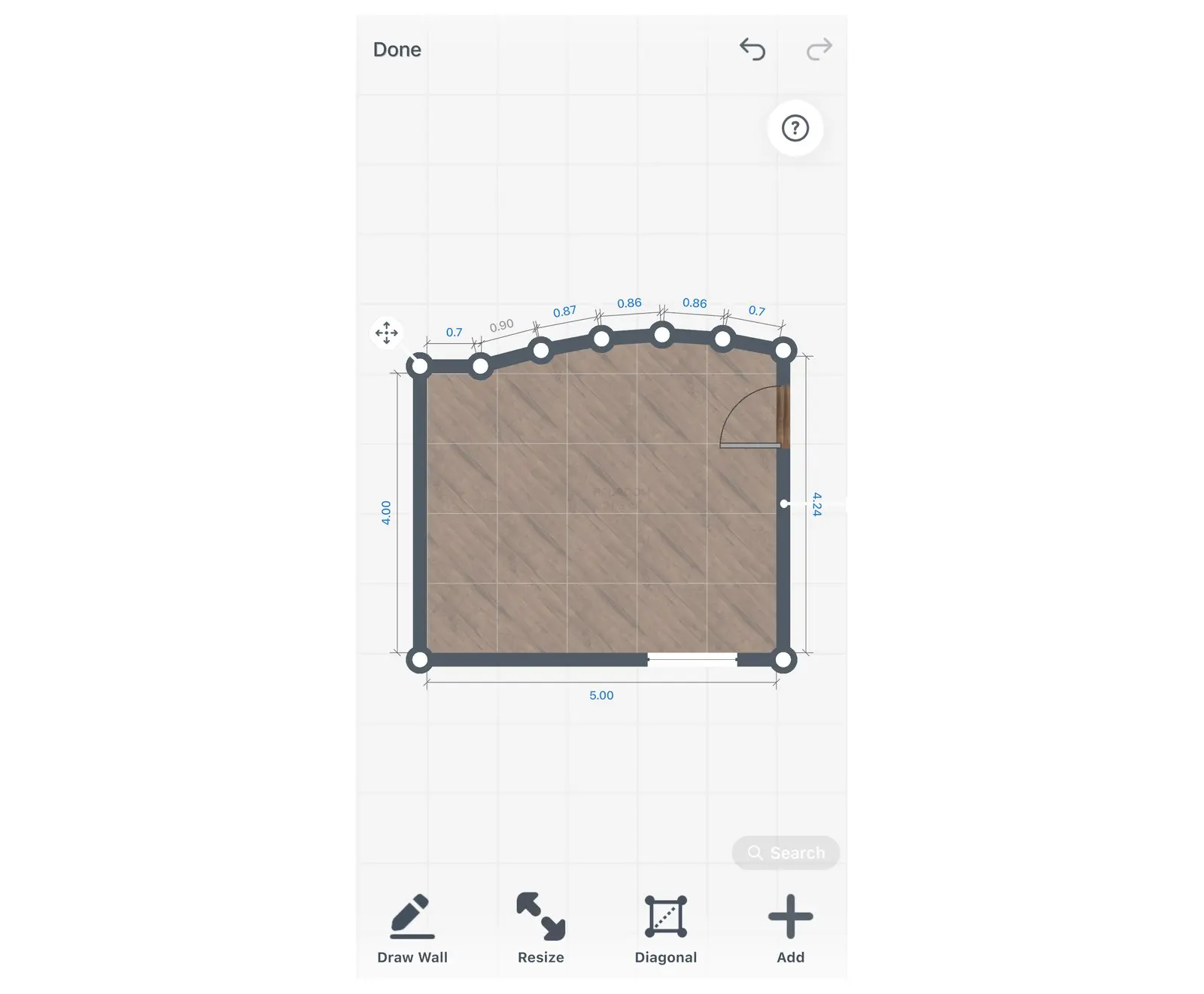Home Planner 2D plan with a curved wall built from six short straight walls and their lengths