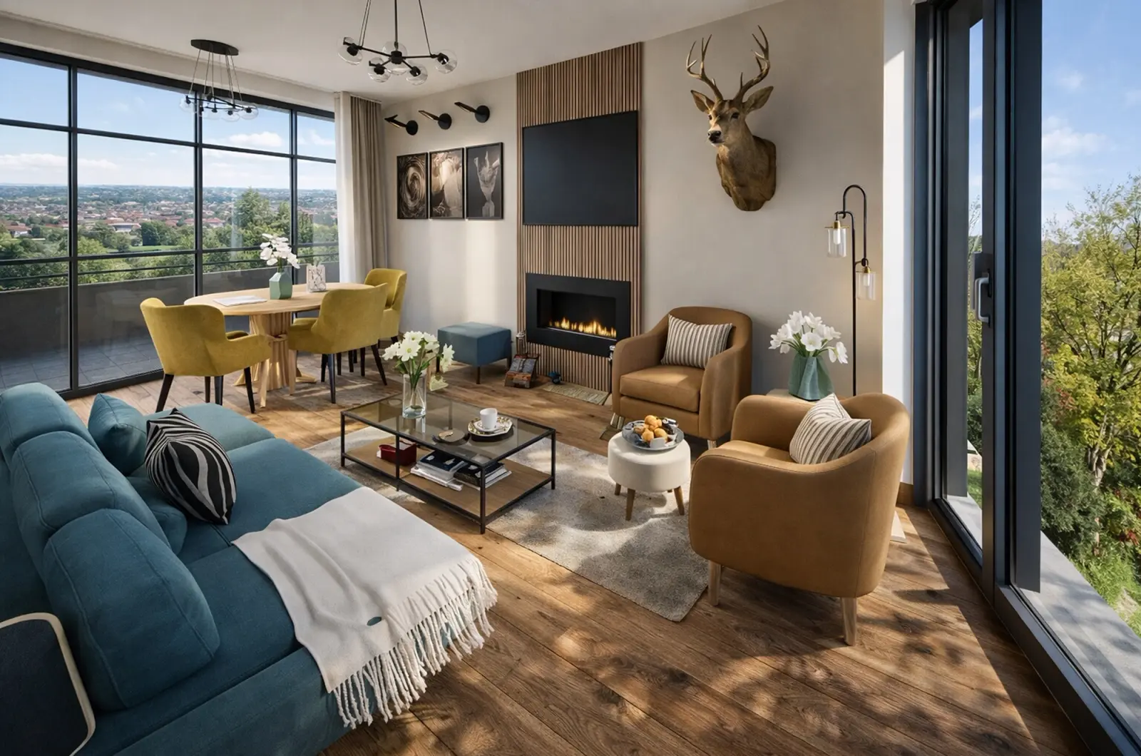 Wohnzimmer mit tealblauem Sofa, zwei braunen Sesseln und einem Kamin in einer Holzlamellenwand