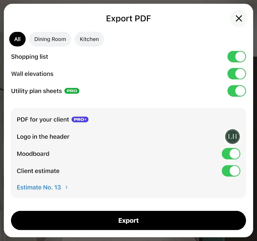 Fenêtre Exporter un PDF dans Home Planner sur ordinateur montrant les onglets de pièces, les lignes Liste d'achats, Dessins d'élévation de mur et Plans techniques, le bloc PDF client ainsi que le bouton Exporter
