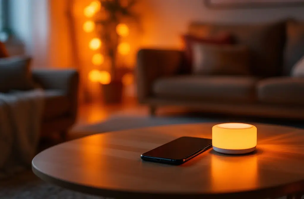 Glowing smart lamp and a smartphone on a wooden coffee table in a cosy living room