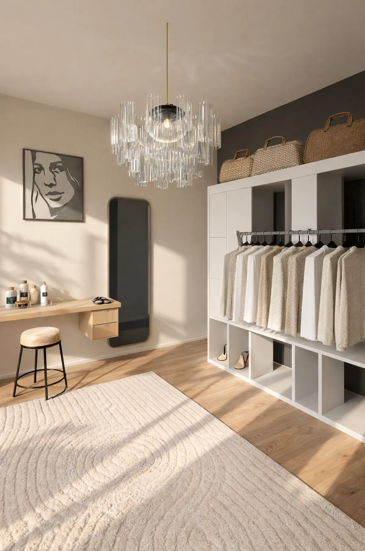 Stanza beige con armadio a giorno bianco, postazione trucco sospesa, uno specchio alto e un tappeto